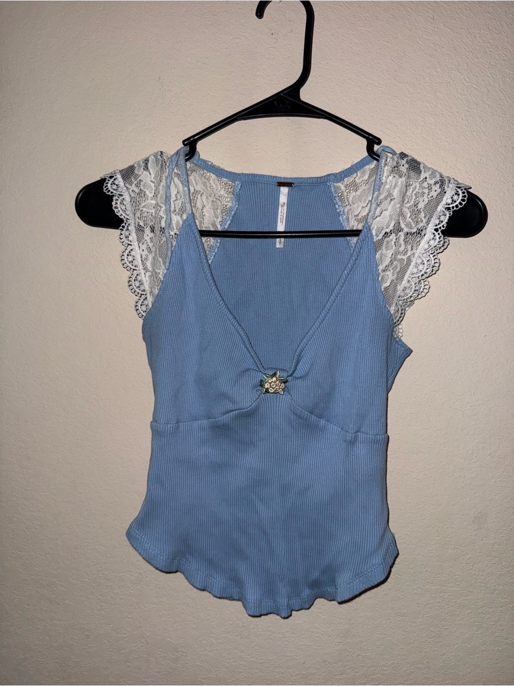 Free People Dusty Blue Ribbed Lace-Trim Tank with Center Brooch/Flower
